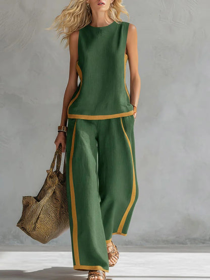 Set 100% lino con top casual ampio senza maniche a girocollo e pantaloni ampi a gamba larga a vita alta.