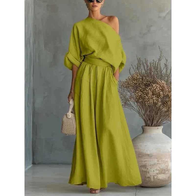 Set Elisa in lino morbido a spalle scoperte e pantaloni tapered