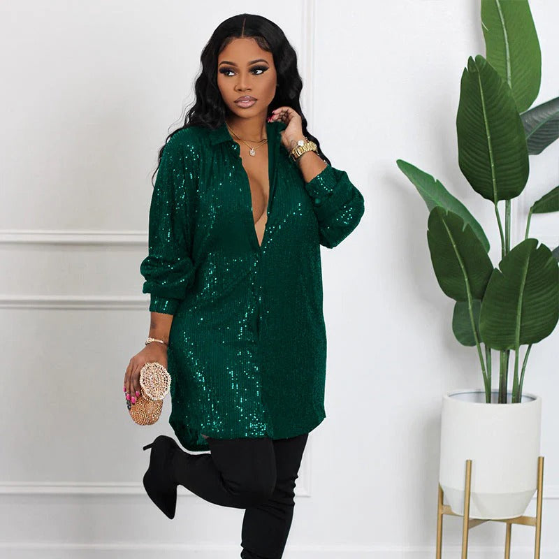 Camicia da donna di media lunghezza con paillettes lucide