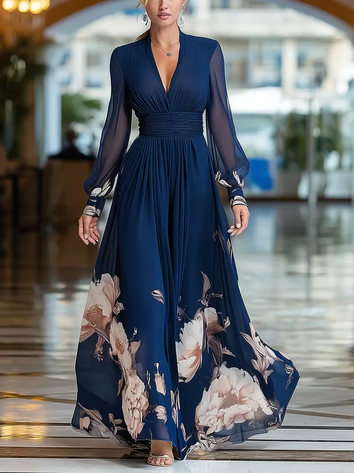 Abito lungo blu navy con scollo a V, maniche in tulle e stampa floreale plissettata.