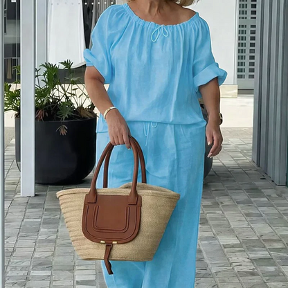 Completo da donna a due pezzi con coulisse: top e pantaloni