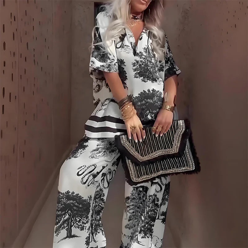 ✨Completo stampato da donna: top con scollo a V e pantaloni lunghi