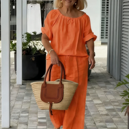 Completo da donna a due pezzi con coulisse: top e pantaloni