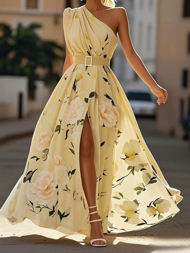 Julie | Abito lungo monospalla a fantasia floreale 🎁 cintura in omaggio!