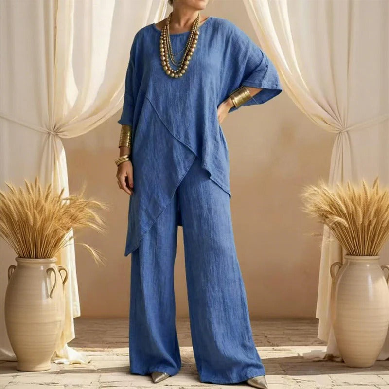 🎁Completo due pezzi da donna, composto da top e pantaloni asimmetrici in misto cotone e lino, dalla vestibilità ampia.