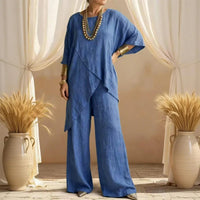 🎁Completo due pezzi da donna, composto da top e pantaloni asimmetrici in misto cotone e lino, dalla vestibilità ampia.