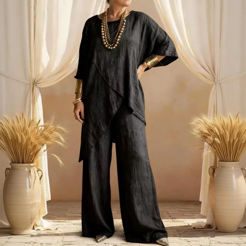 🎁Completo due pezzi da donna, composto da top e pantaloni asimmetrici in misto cotone e lino, dalla vestibilità ampia.