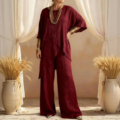 🎁Completo due pezzi da donna, composto da top e pantaloni asimmetrici in misto cotone e lino, dalla vestibilità ampia.