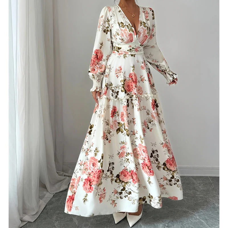 🌹 Abito lungo vintage con scollo a V e stampa di rose - Eleganza romantica, atmosfera da dea! 🌹