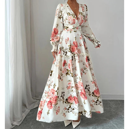 🌹 Abito lungo vintage con scollo a V e stampa di rose - Eleganza romantica, atmosfera da dea! 🌹
