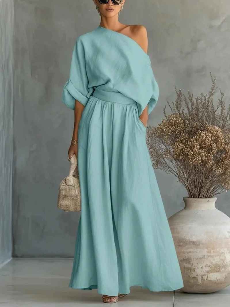 Set Elisa in lino morbido a spalle scoperte e pantaloni tapered