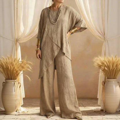 🎁Completo due pezzi da donna, composto da top e pantaloni asimmetrici in misto cotone e lino, dalla vestibilità ampia.