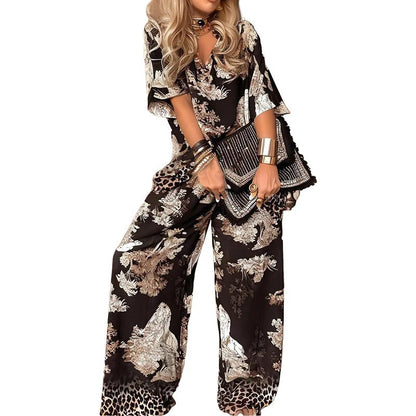✨Completo stampato da donna: top con scollo a V e pantaloni lunghi