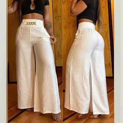 Pantaloni da donna a vita alta e gamba larga con cintura decorativa