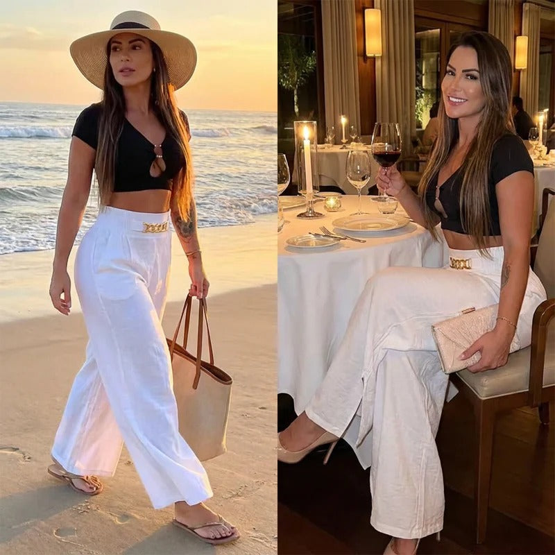 Pantaloni da donna a vita alta e gamba larga con cintura decorativa