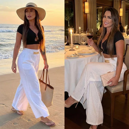 Pantaloni da donna a vita alta e gamba larga con cintura decorativa
