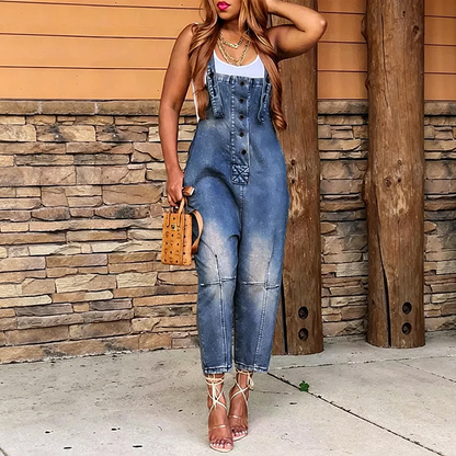 Salopette da donna in denim affusolata con bottoni sul davanti