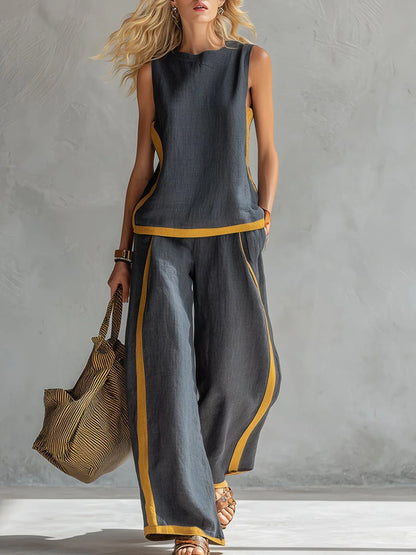 Set 100% lino con top casual ampio senza maniche a girocollo e pantaloni ampi a gamba larga a vita alta.