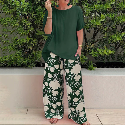 Completo 2 PEZZI| Top in viscosa + Pantaloni a fiori in cotone elastico