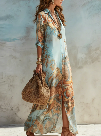 Abito lungo in chiffon con stampa floreale in stile barocco