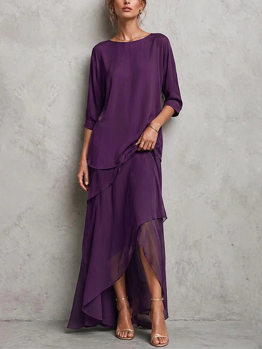 Set composto da top casual ampio a tinta unita con scollo rotondo e maniche a tre quarti e gonna a trapezio a vita alta