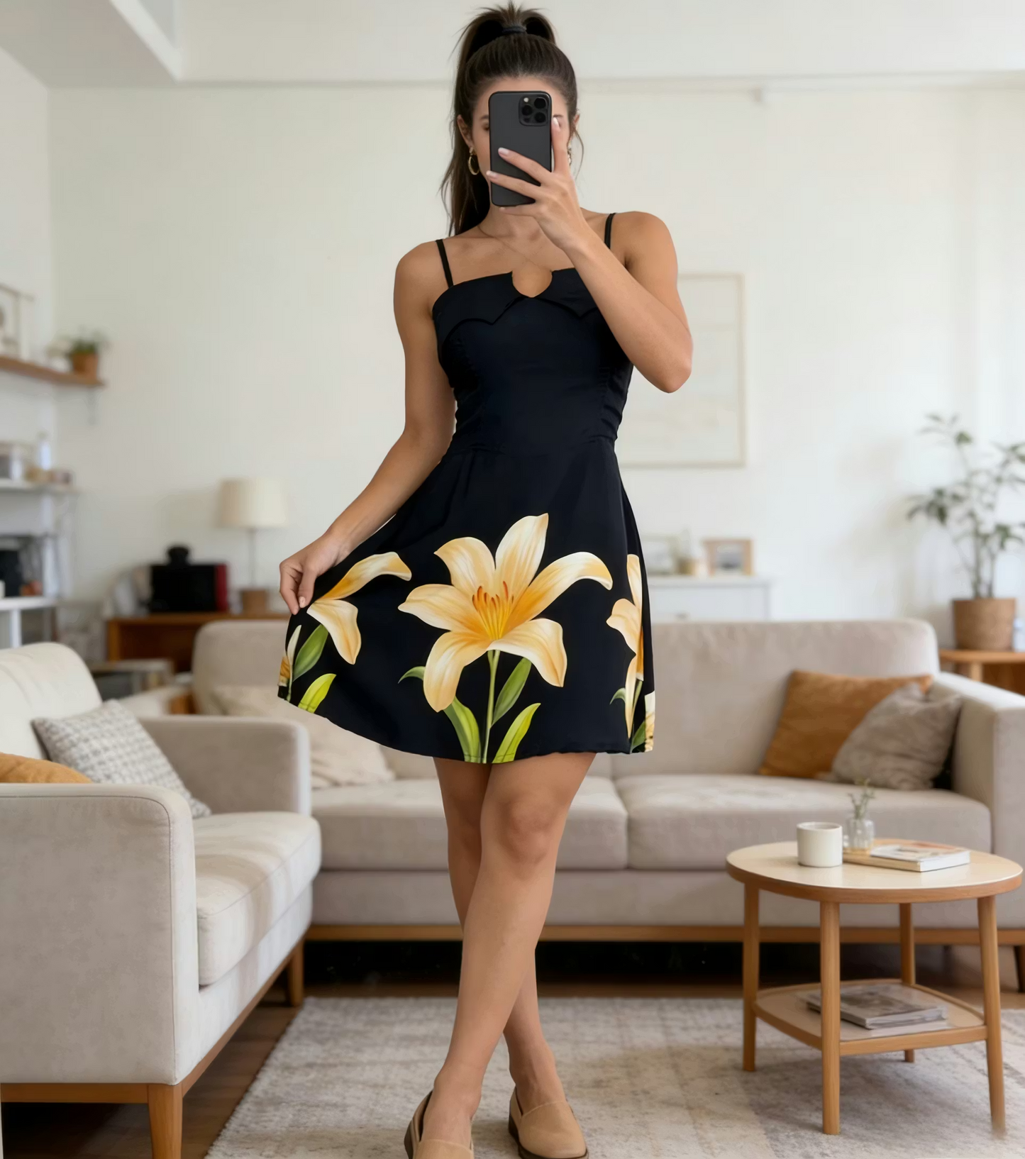 Abito da donna con stampa floreale, scollo all'americana, mini abito traforato