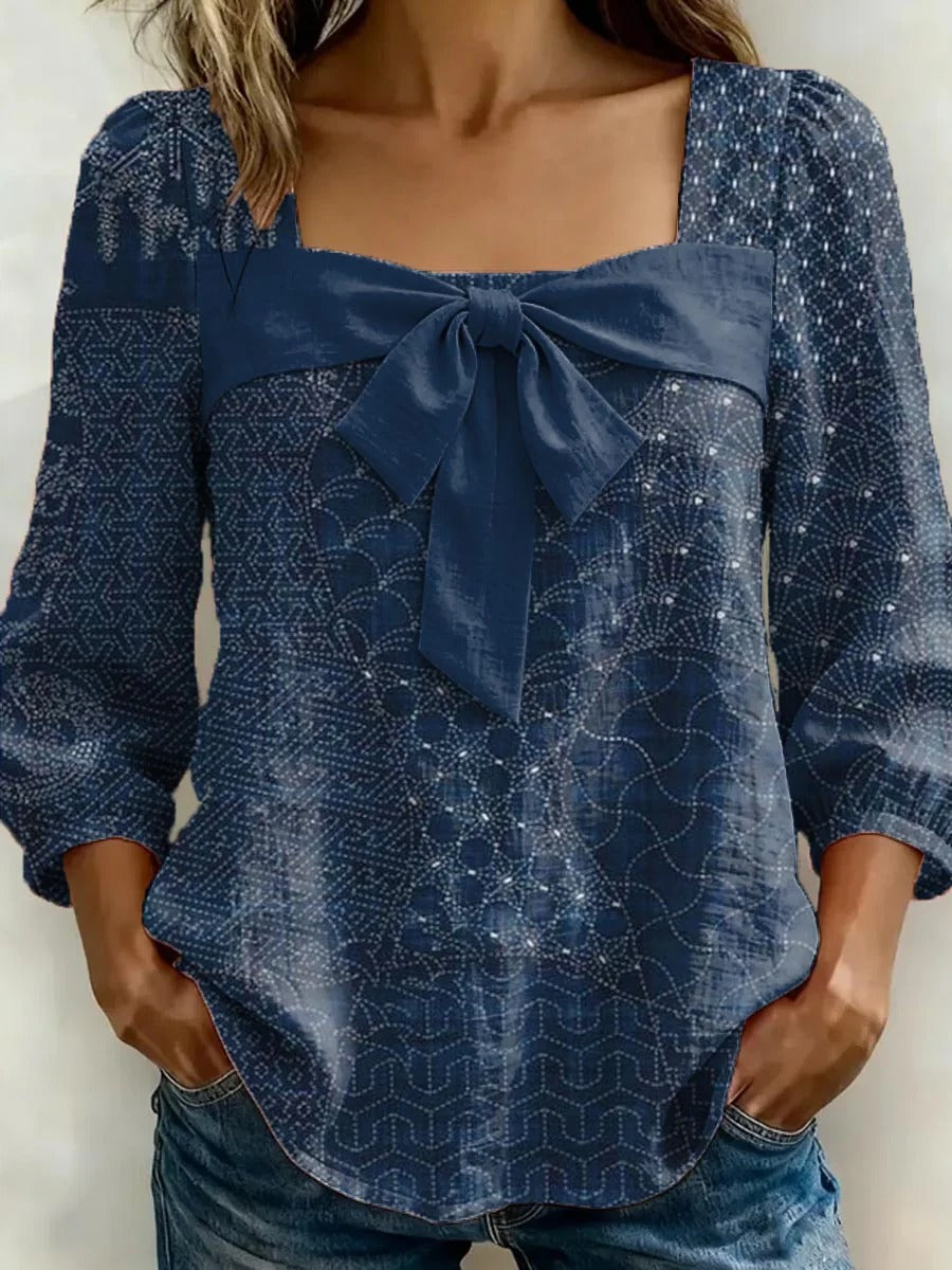 Camicia casual in cotone con stampa artistica in stile retrò blu navy