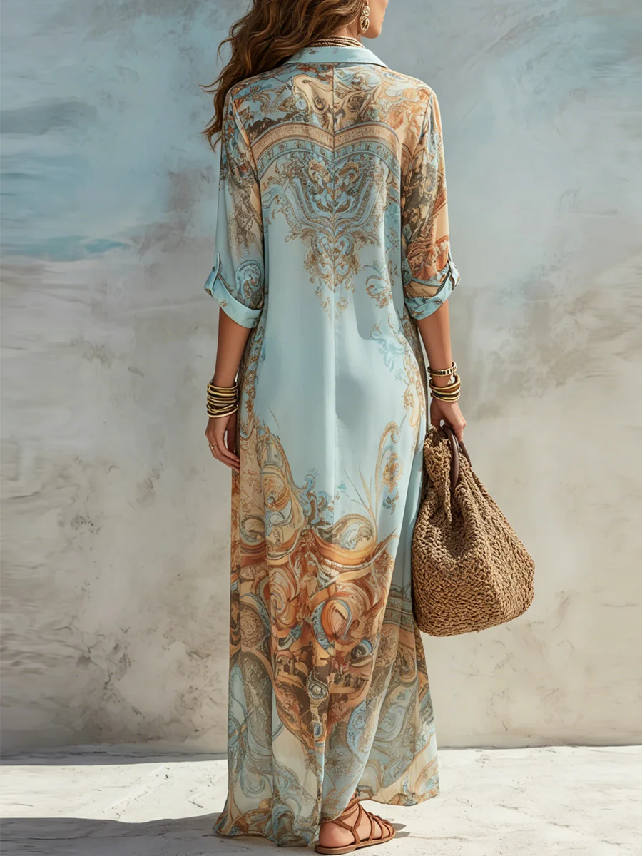Abito lungo in chiffon con stampa floreale in stile barocco