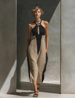 Abito midi in misto cotone nero e beige con scollo all'americana, apertura a goccia e design a blocchi di colore