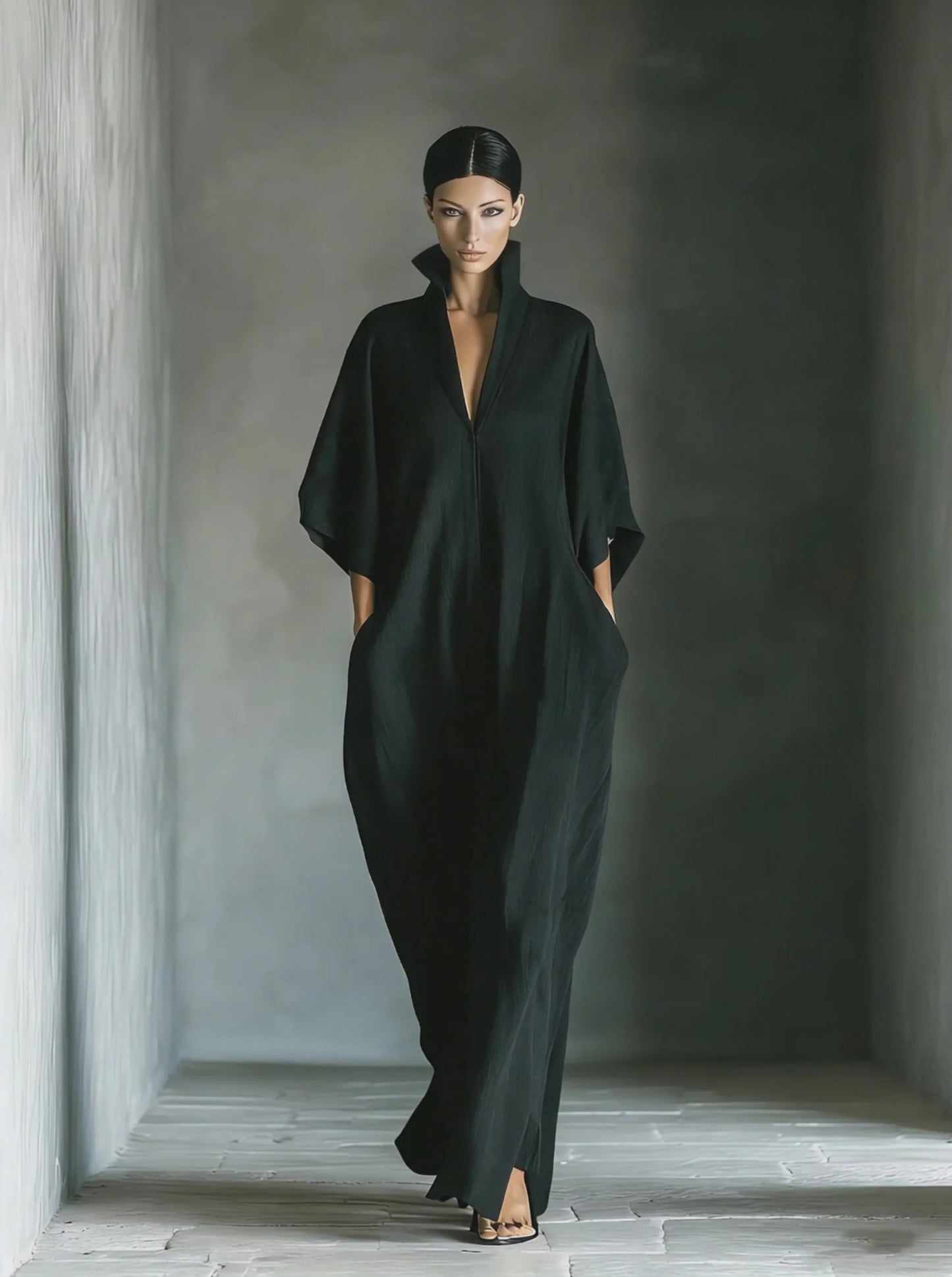 Abito lungo oversize con maniche a kimono in tessuto misto cotone nero