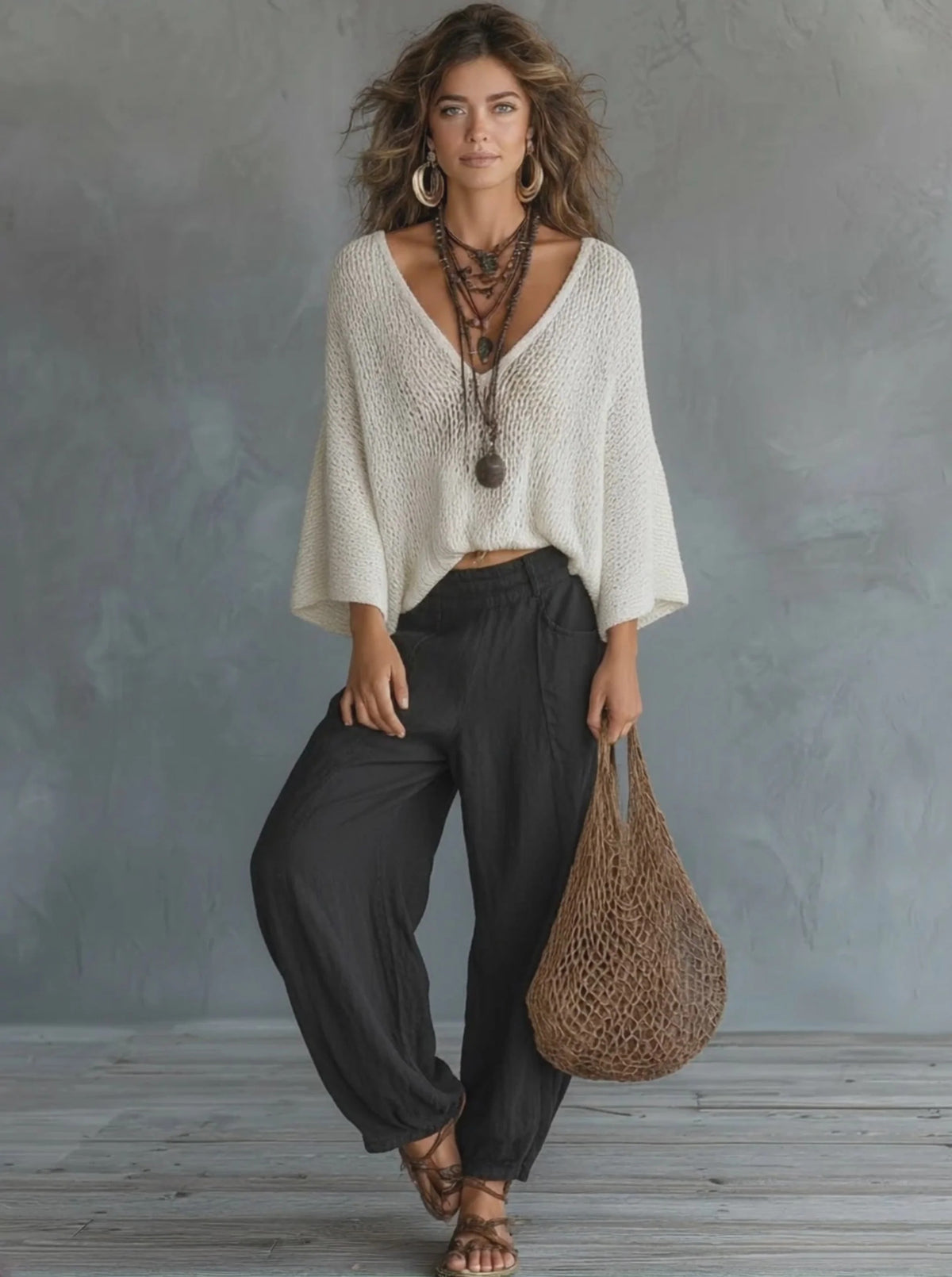 Set minimalista e leggero composto da maglione leggero con maniche a mantella e pantaloni harem