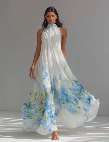 Abito lungo da donna elegante, bianco, in chiffon stampato, con scollo all'americana e senza maniche.