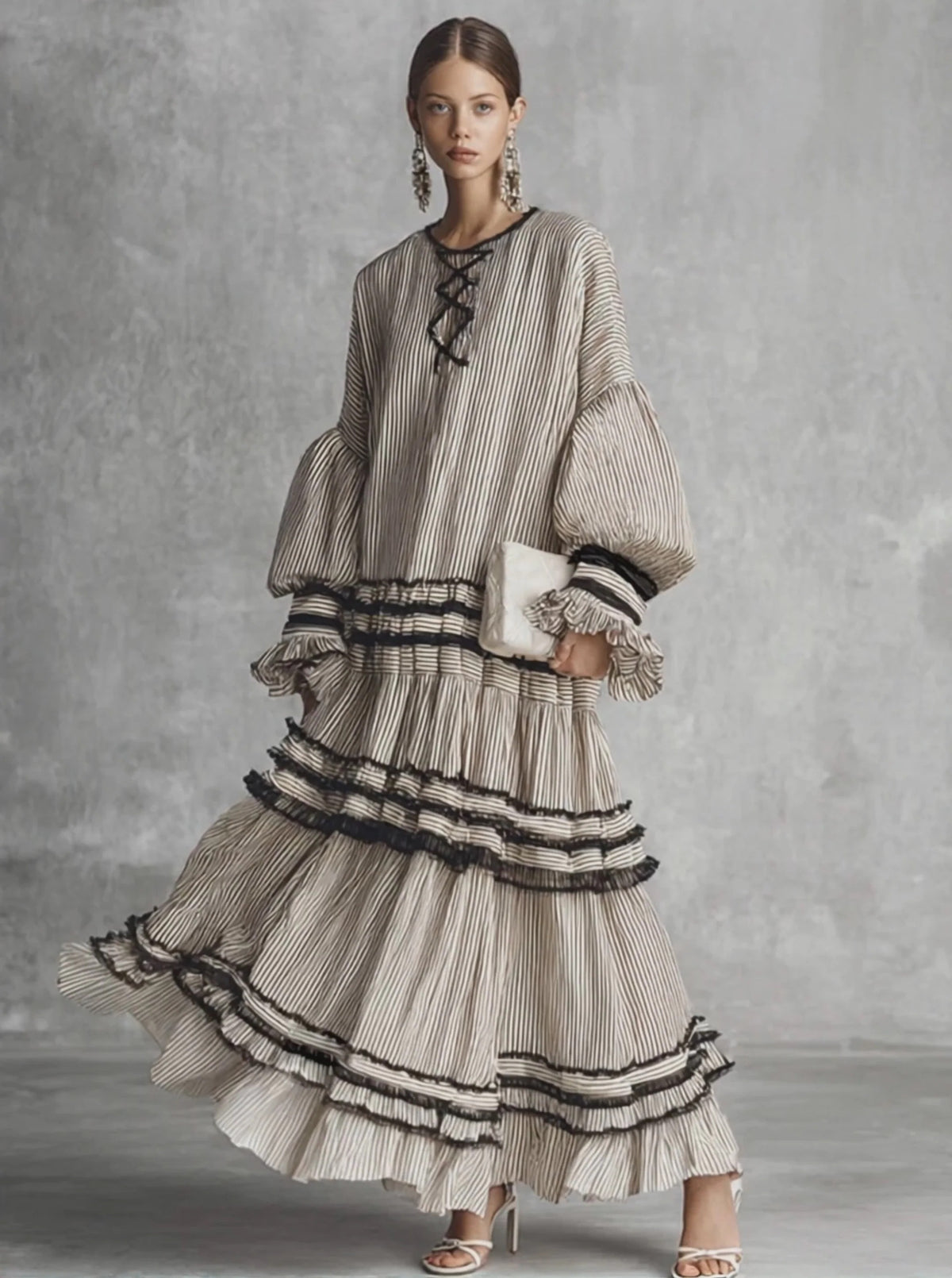 Abito lungo a maniche lunghe in misto cotone con volant a balze e motivo a righe in stile boho