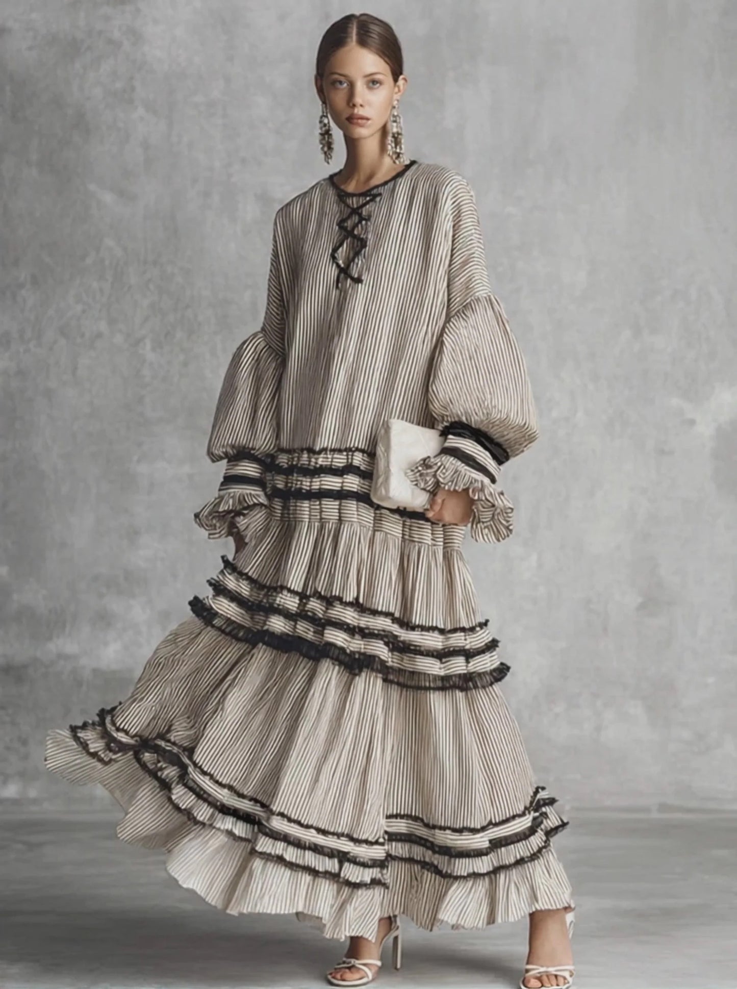 Abito lungo a maniche lunghe in misto cotone con volant a balze e motivo a righe in stile boho