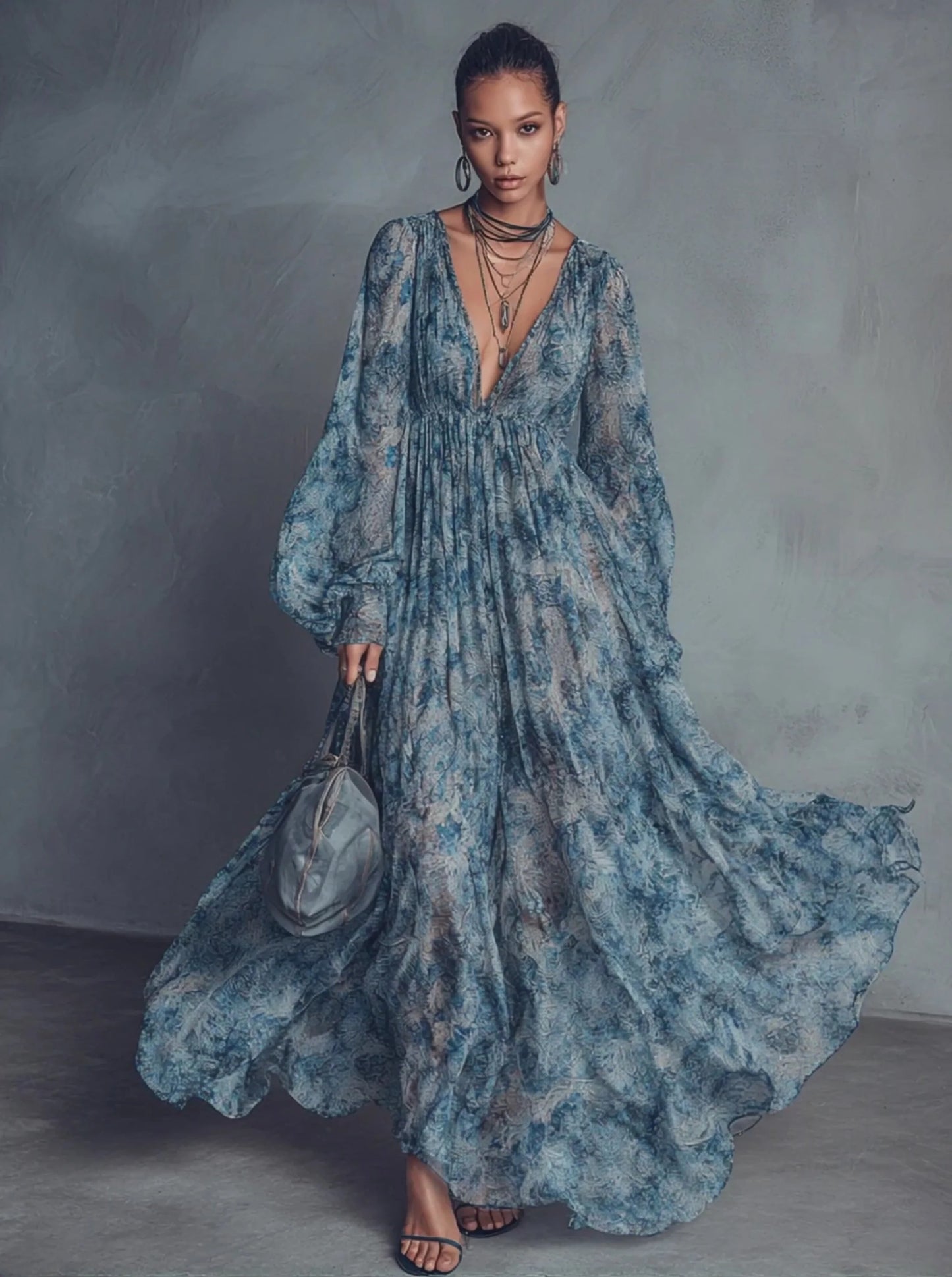 Abito lungo in chiffon con scollo a V e maniche a lanterna, con stampa floreale blu in stile bohémien