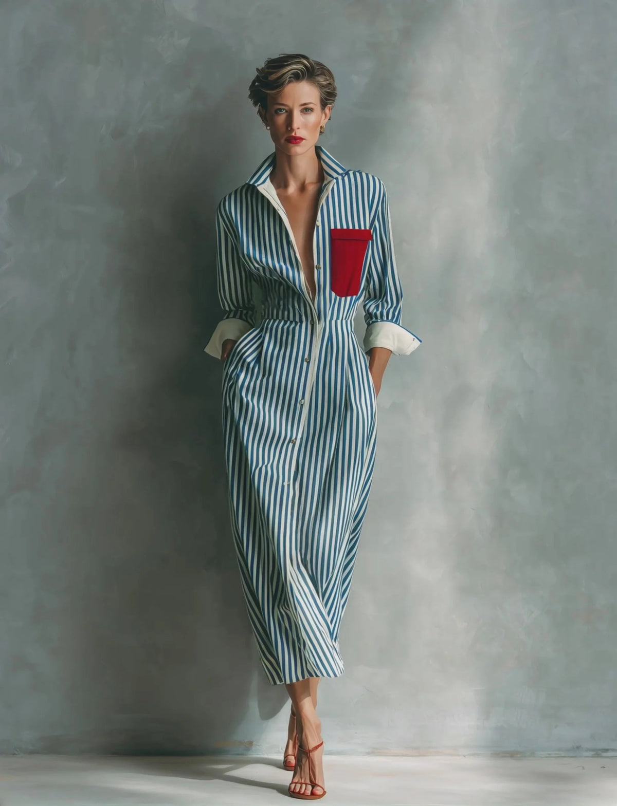 Abito a camicia a righe in misto cotone blu e bianco con inserto rosso sul petto
