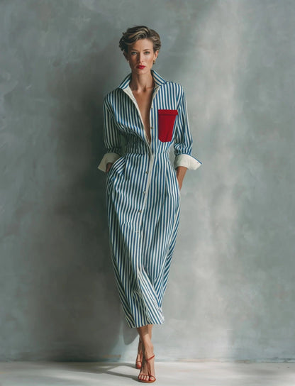 Abito a camicia a righe in misto cotone blu e bianco con inserto rosso sul petto