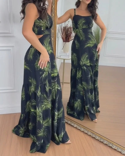 Abito lungo da donna con stampa tropicale, orlo a balze, scollo a V, spacco laterale e spacco, perfetto per le vacanze al mare.