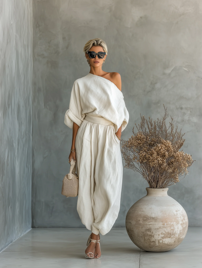 Set Elisa in lino morbido a spalle scoperte e pantaloni tapered