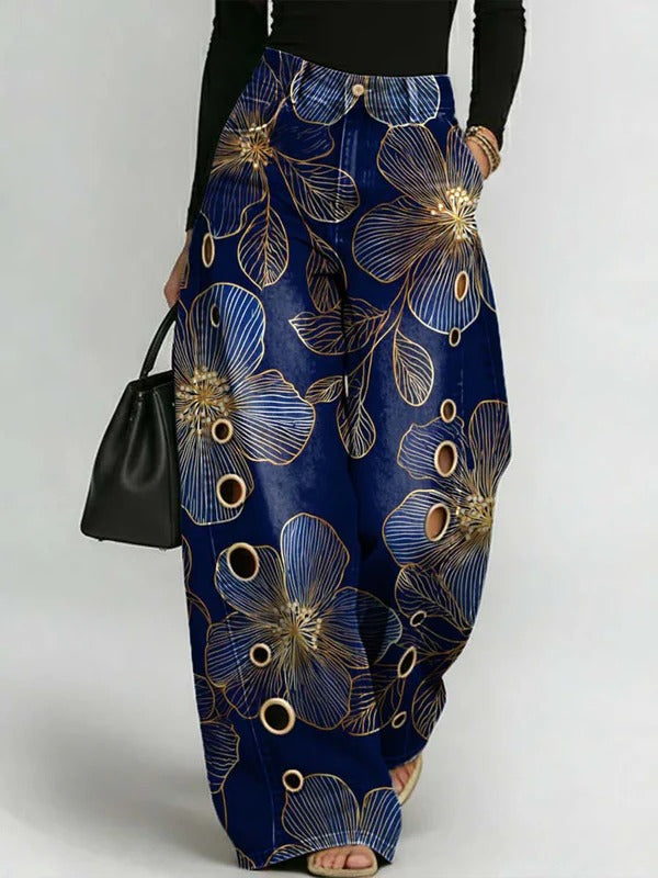 Pantaloni da donna in denim traforato casual ed elegante con stampa floreale retrò.