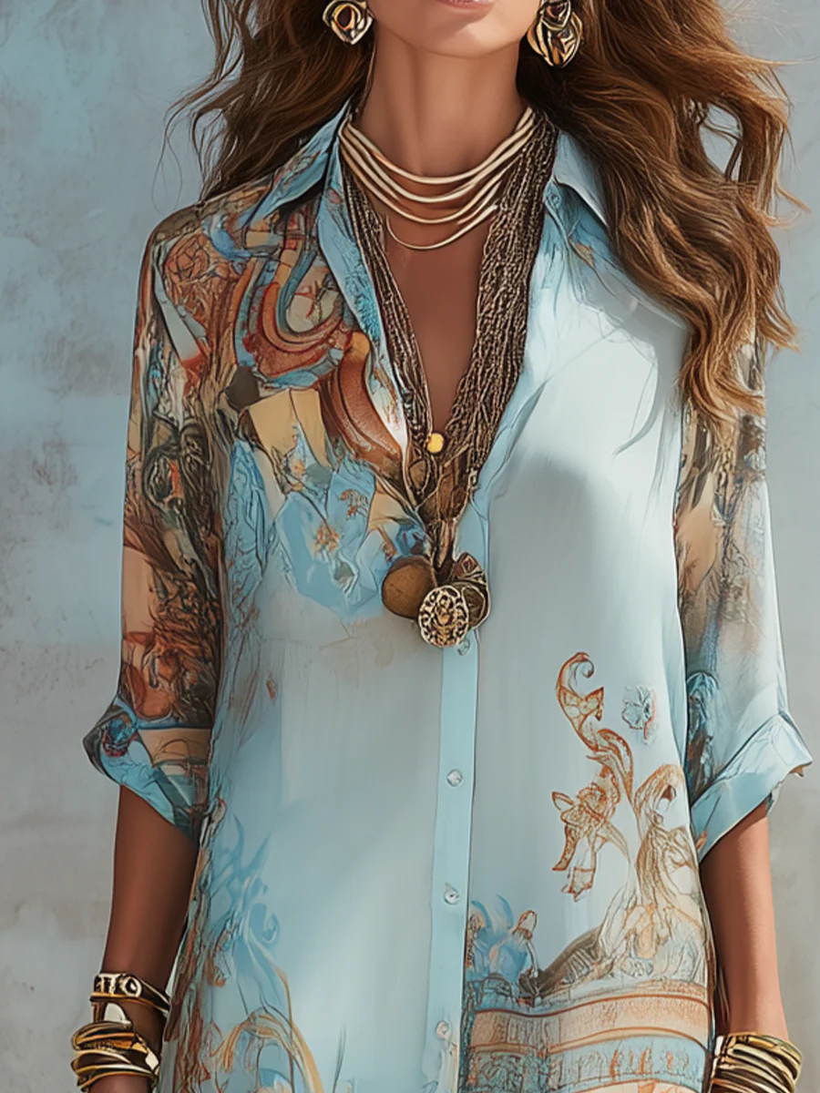 Abito lungo in chiffon con stampa floreale in stile barocco