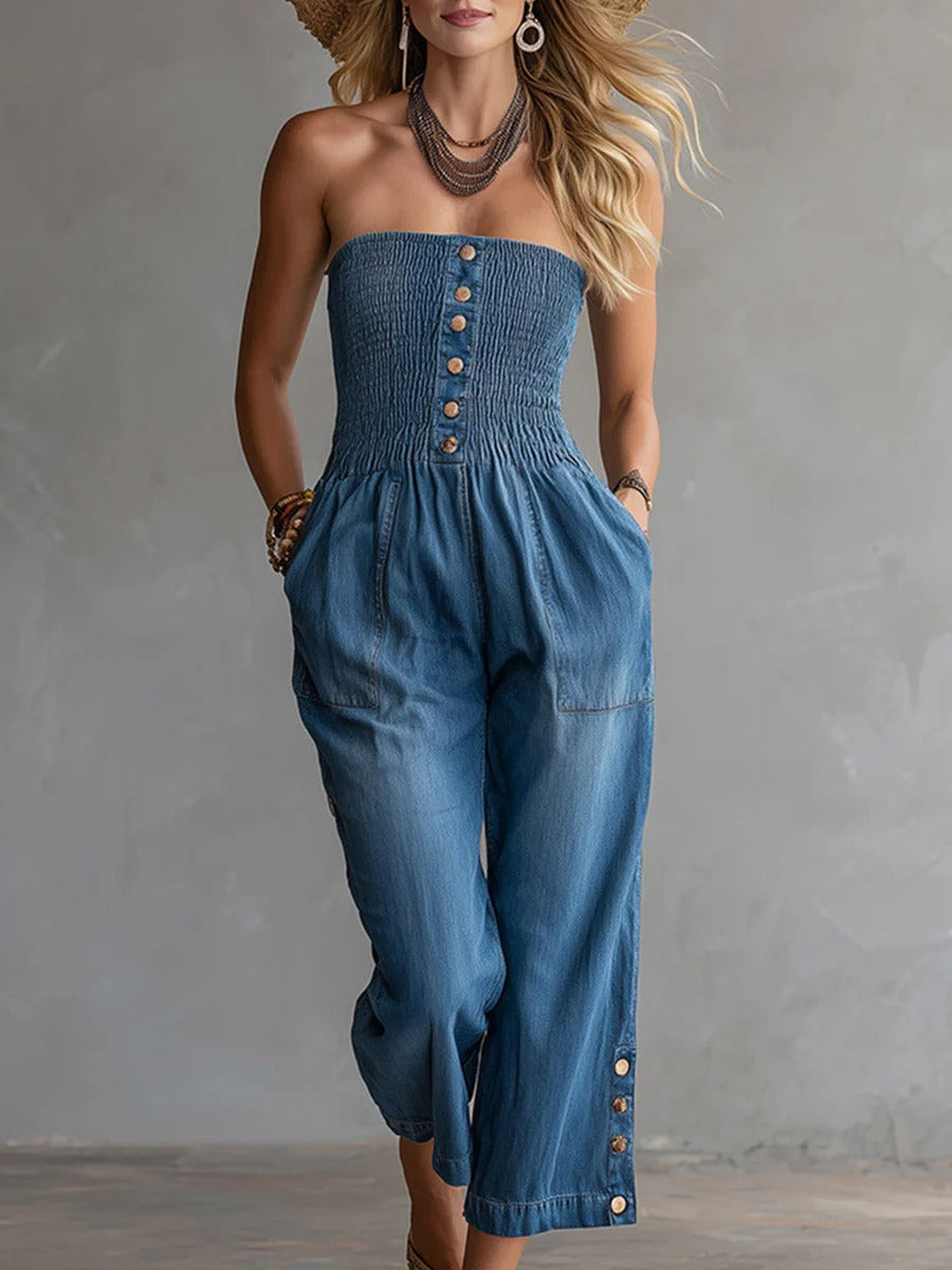 Tuta intera da donna in denim senza spalline e senza maniche, vestibilità ampia e gamba larga
