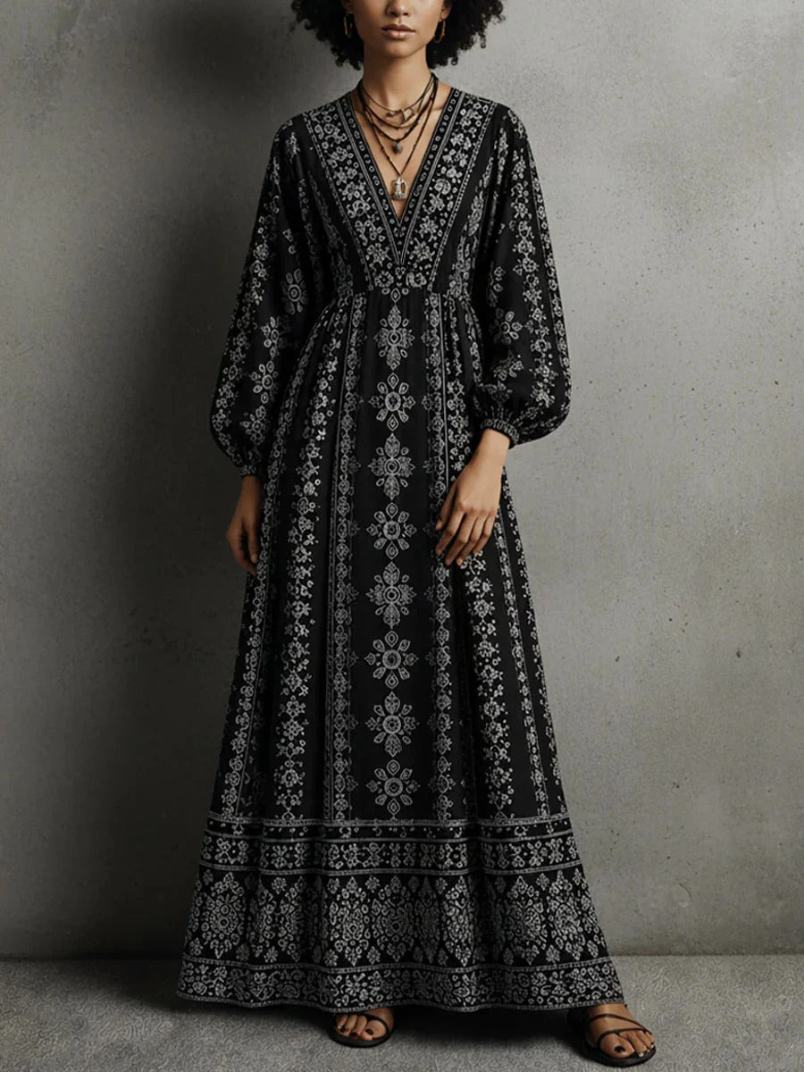 Abito lungo da donna casual con scollo a V e stampa bohémien