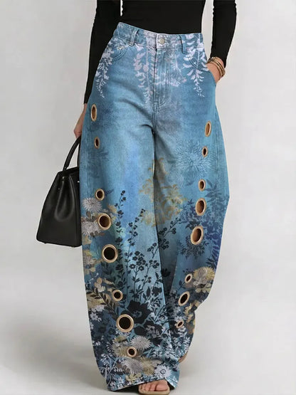 Jeans da donna casual alla moda con stampa floreale sfumata vintage e ritagli.💎