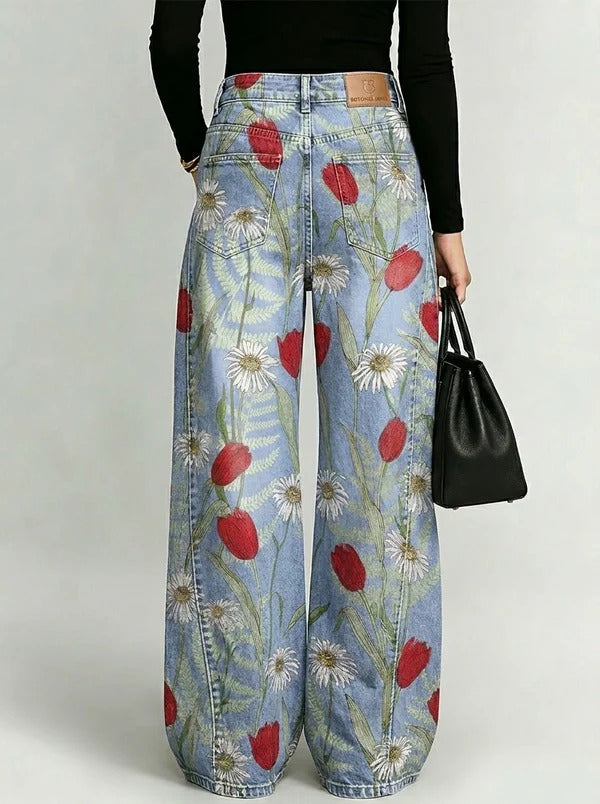 Eleganti pantaloni in denim da donna con motivi floreali decorativi🌺