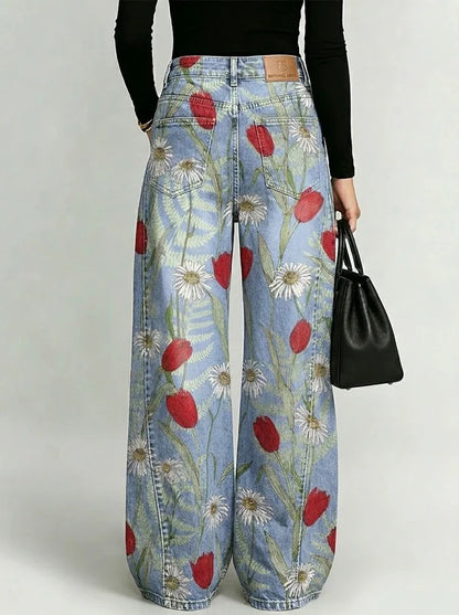 Eleganti pantaloni in denim da donna con motivi floreali decorativi🌺