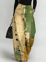 Pantaloni da donna in denim traforato casual ed elegante con stampa geometrica retrò.