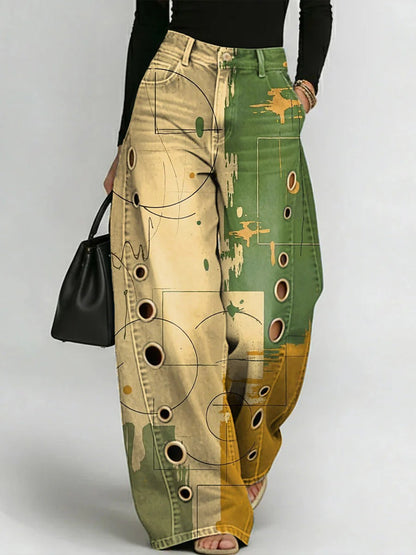Pantaloni da donna in denim traforato casual ed elegante con stampa geometrica retrò.