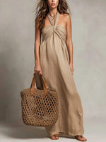 Abito da donna senza maniche con spalline, casual, elegante e comodo, in cotone e lino.