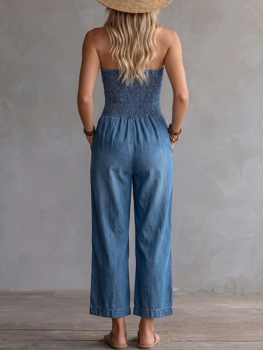 Tuta intera da donna in denim senza spalline e senza maniche, vestibilità ampia e gamba larga